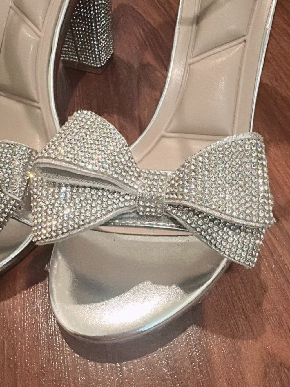 Windsor Silver Rhinestone Hannah-87 Block High Heel With Bows-Size 9